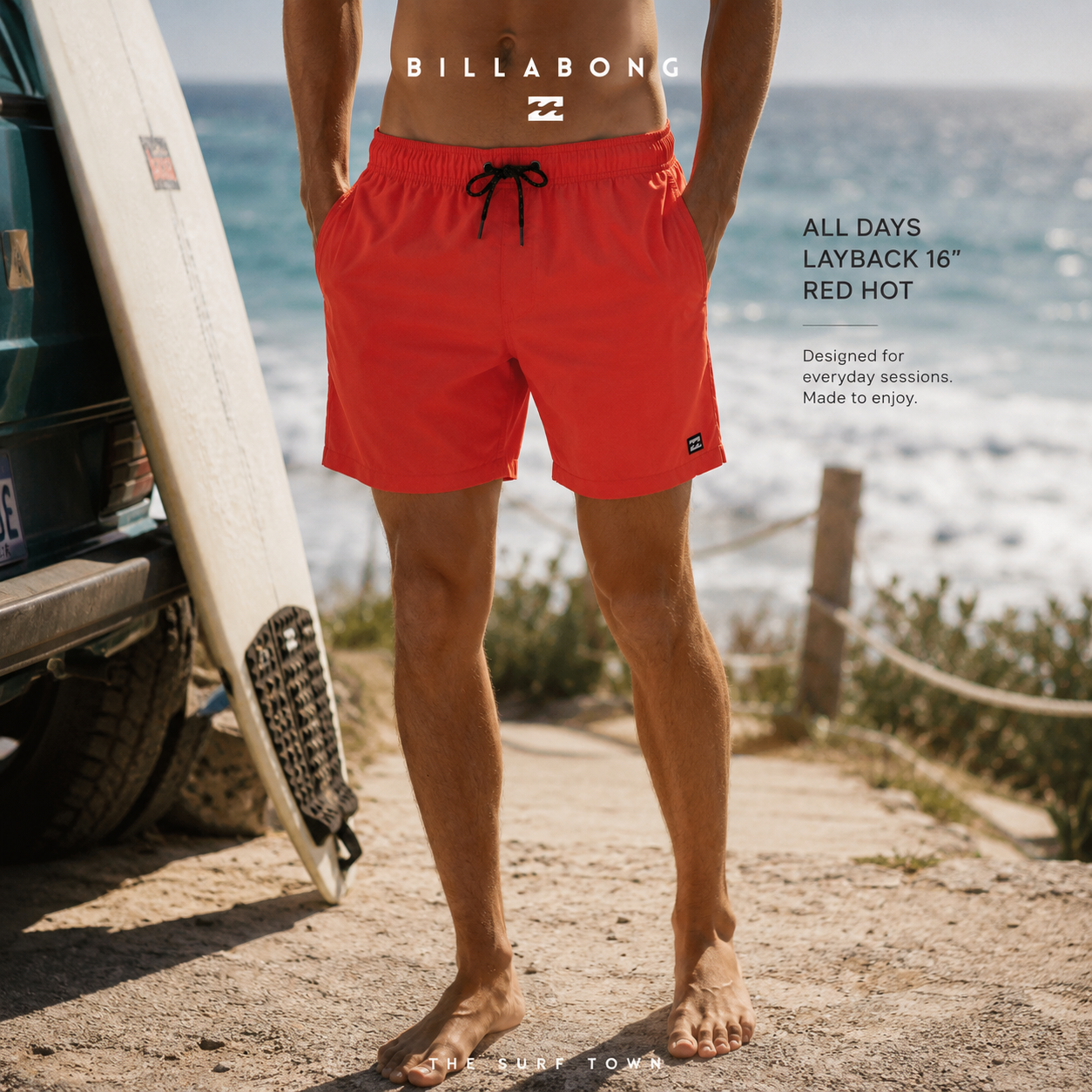 Bañador Billabong All Days Layback 16 Red Hot rojo para hombre en entorno surf lifestyle junto al mar