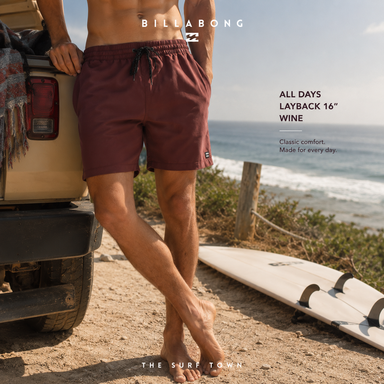 Bañador Billabong All Days Layback 16 Wine color burdeos para hombre en entorno surf lifestyle junto al océano