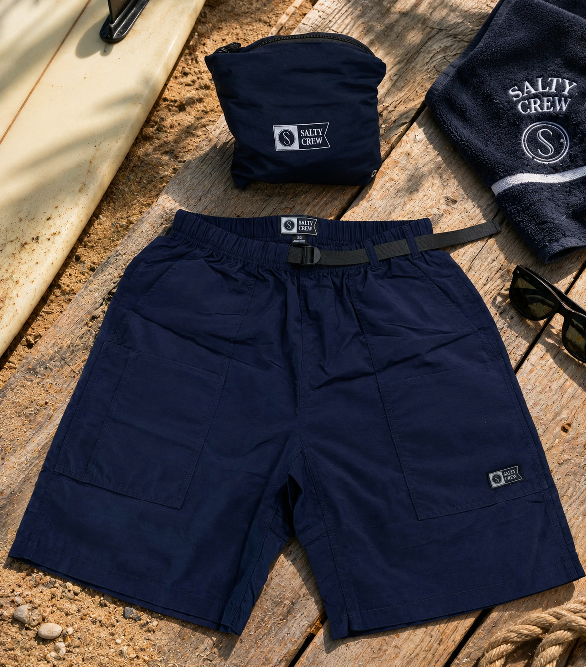 Bañador elástico Salty Crew Raid Packable Short LB Blue Nights azul marino para hombre con cinturón ajustable y bolsa packable a juego