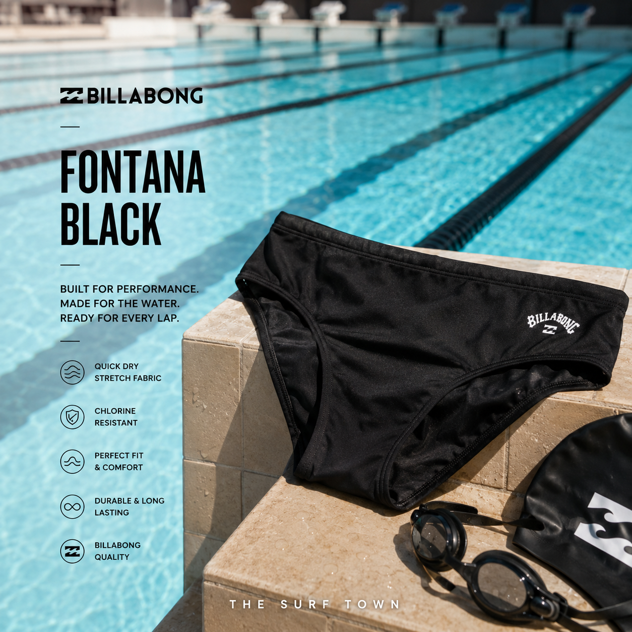 Fotografía propia de THE SURF TOWN del bañador de natación Billabong Fontana Black apoyado junto a una piscina olímpica con ambiente deportivo premium