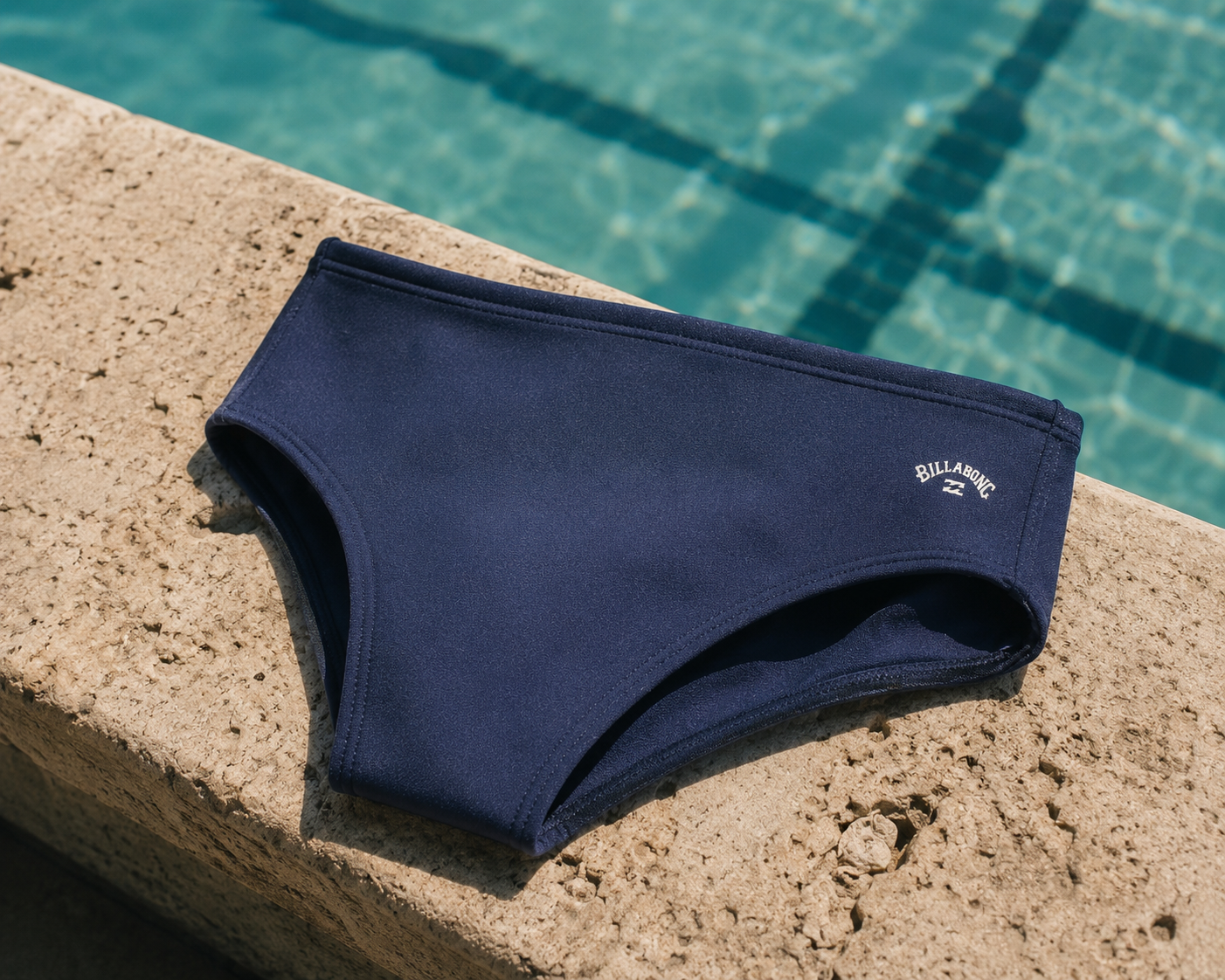 Bañador de natación Billabong Fontana Navy apoyado junto a piscina premium con diseño azul marino y estética verano lifestyle