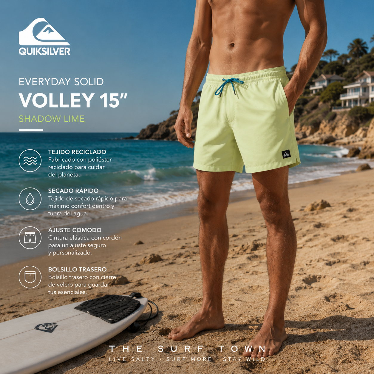 Bañador Quiksilver Everyday Solid Volley 15 Shadow Lime en fotografía editorial propia de THE SURF TOWN sobre una playa mediterránea de verano