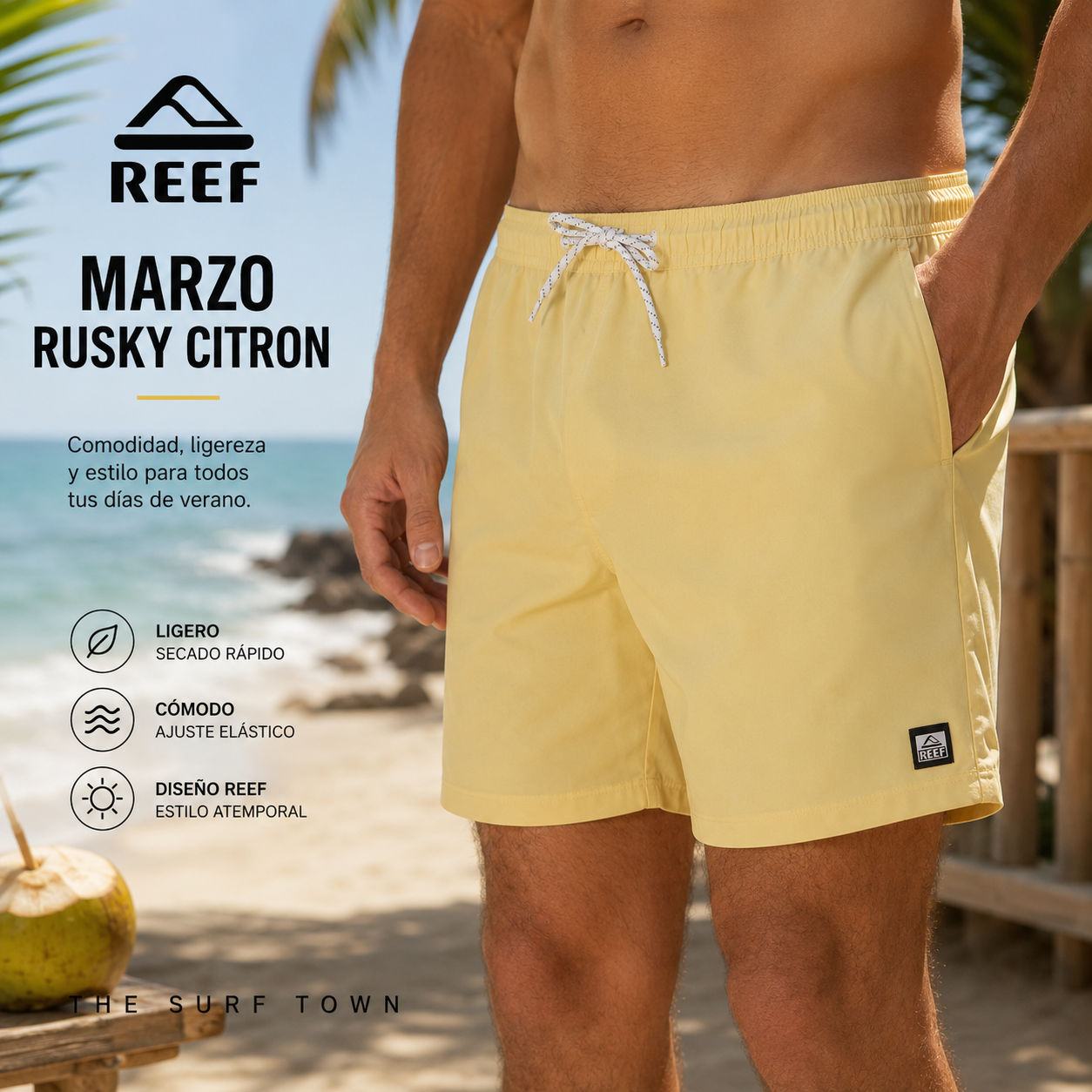 Bañador Reef Marzo Rusky Citron para hombre en fotografía editorial propia de THE SURF TOWN, bañador amarillo de verano estilo surf lifestyle en playa tropical
