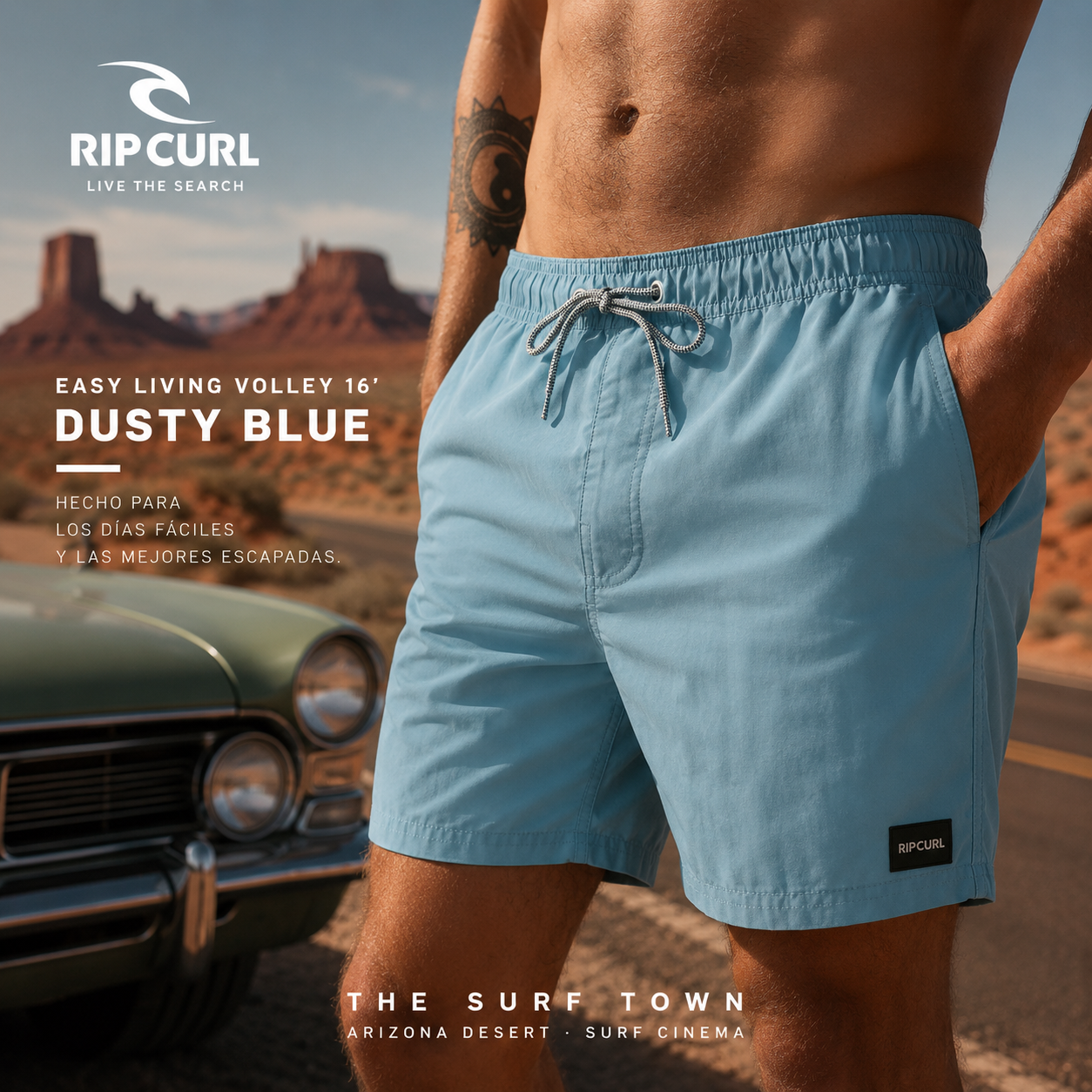 Bañador Rip Curl Easy Living Volley 16 Dusty Blue en fotografía editorial propia de THE SURF TOWN inspirada en un roadtrip premium por el desierto de Arizona