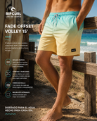 Bañador Rip Curl Fade Offset Volley 15 Aqua hombre en escena surf lifestyle premium con boardshort degradado aqua y amarillo