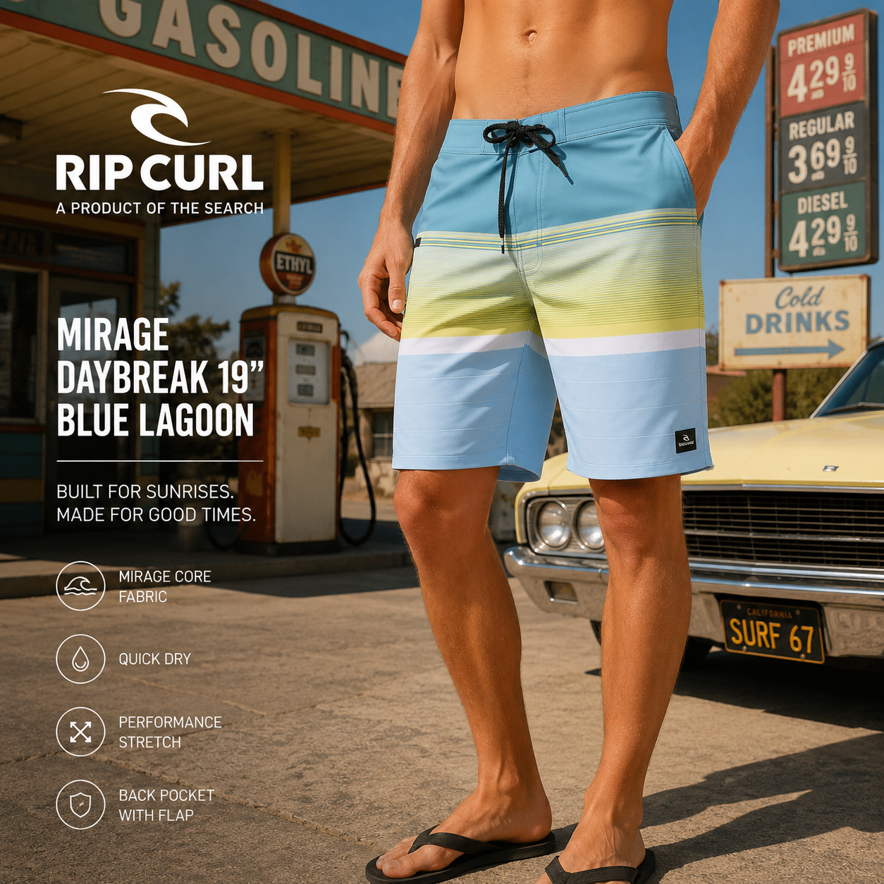 Bañador Rip Curl Mirage Daybreak 19 Blue Lagoon para hombre con diseño surf retro y tejido técnico