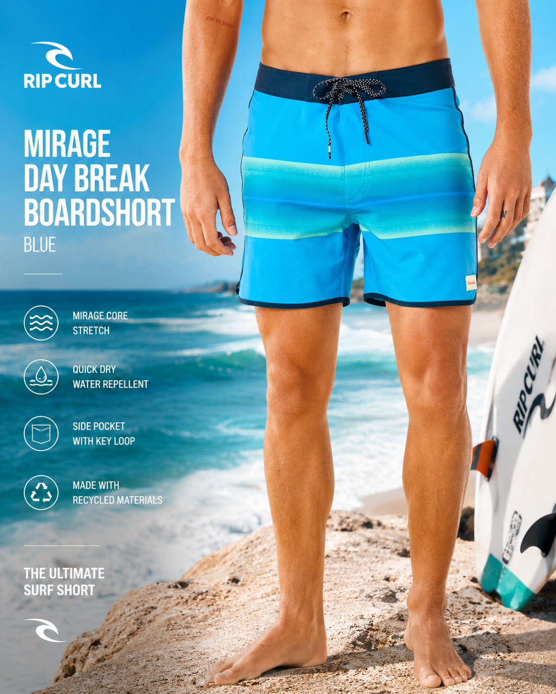 Bañador Rip Curl Mirage Retro Mumma Blue Paint en playa surf con olas y estética surf performance premium