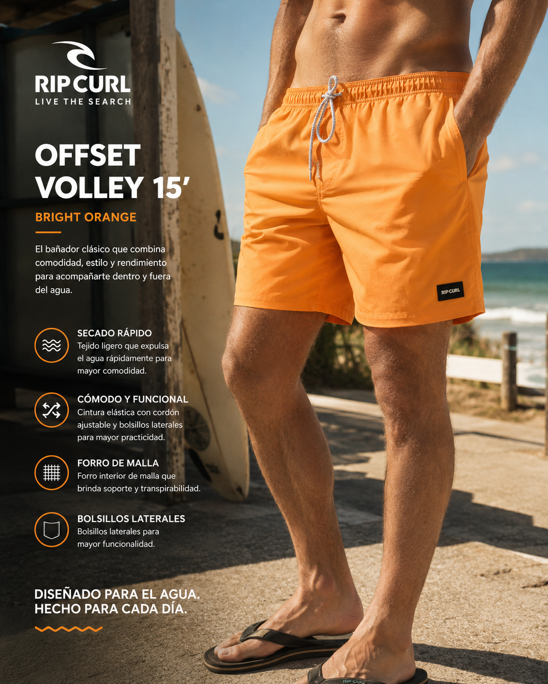 Bañador Rip Curl Offset Volley 15 Bright Orange hombre en escena surf cinema aesthetic con boardshort naranja premium