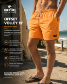 Bañador Rip Curl Offset Volley 15 Bright Orange hombre en escena surf cinema aesthetic con boardshort naranja premium