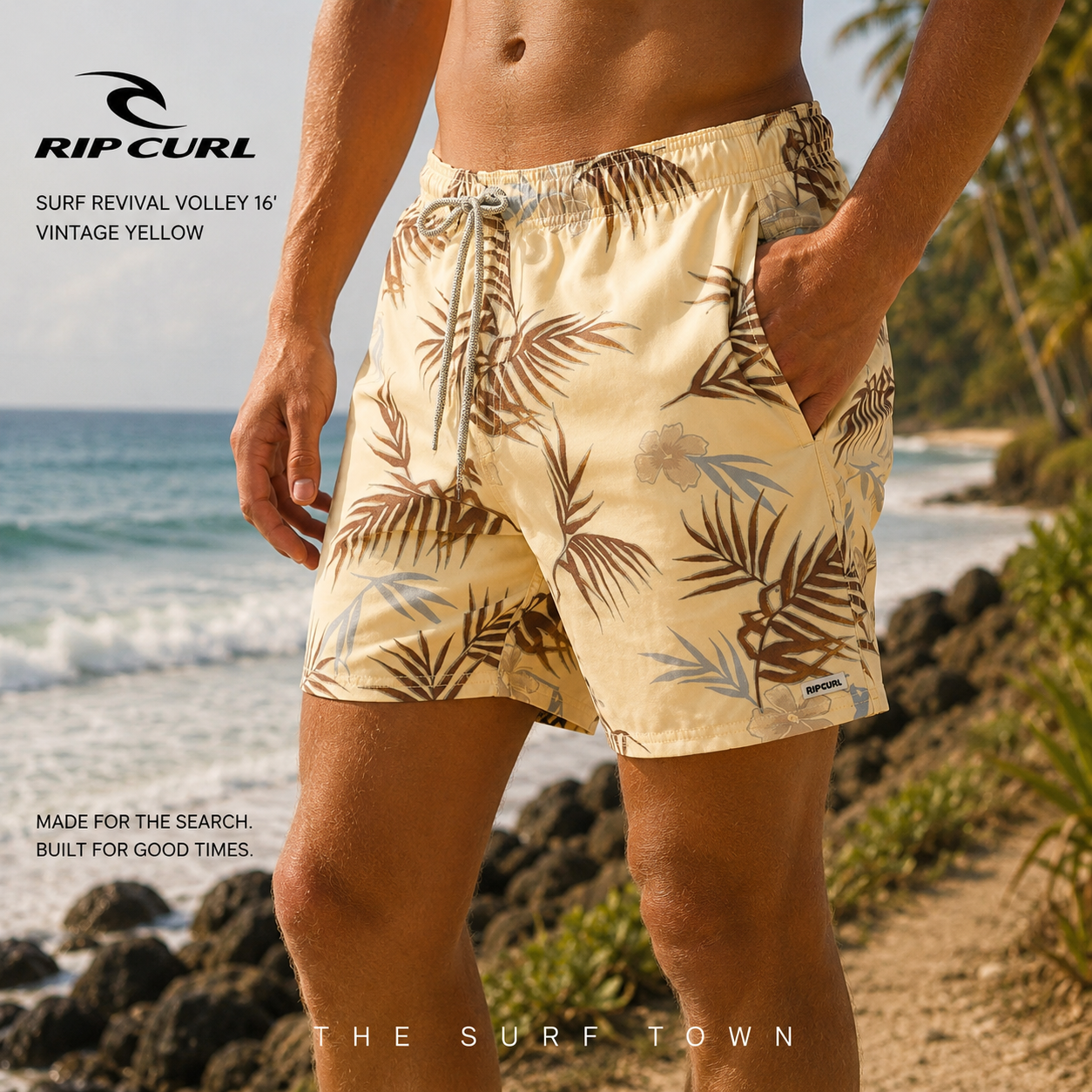 Bañador Rip Curl Surf Revival Volley 16 Vintage Yellow en fotografía editorial propia de THE SURF TOWN junto a olas y costa tropical en surf trip premium