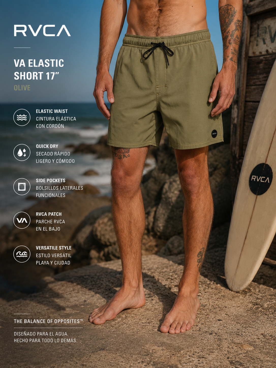 Bañador RVCA VA Pigment 16 Martini Olive para hombre en escena surf lifestyle premium junto al mar