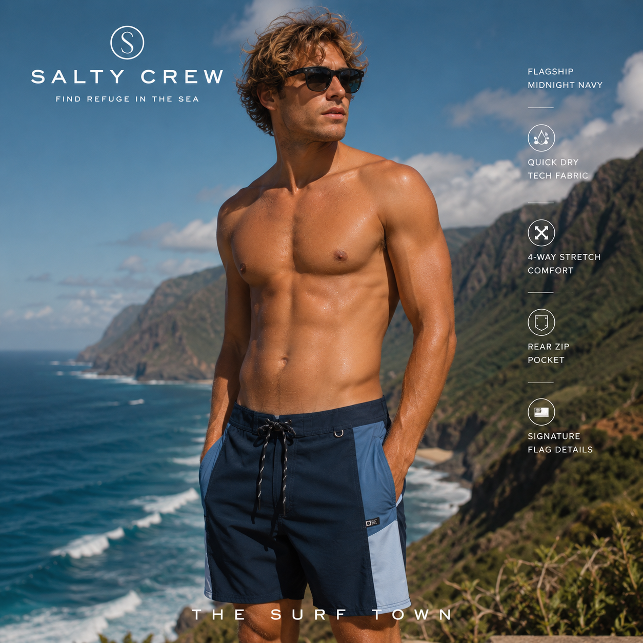 Bañador Salty Crew Flagship Midnight Navy en acantilado hawaiano soleado, fotografía editorial propia de THE SURF TOWN con modelo surf lifestyle, tejido técnico de secado rápido y estilo premium para verano