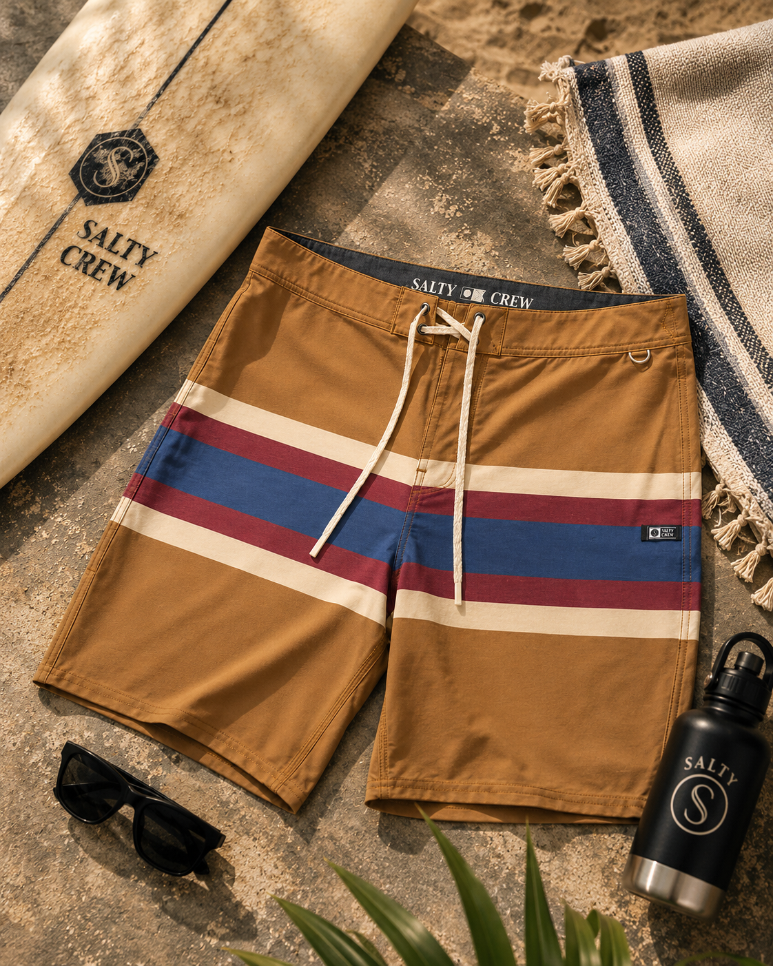 Bañador Salty Crew Stripe Boardshort Bone Brown para hombre sobre fondo lifestyle surf con tabla de surf y accesorios premium de playa