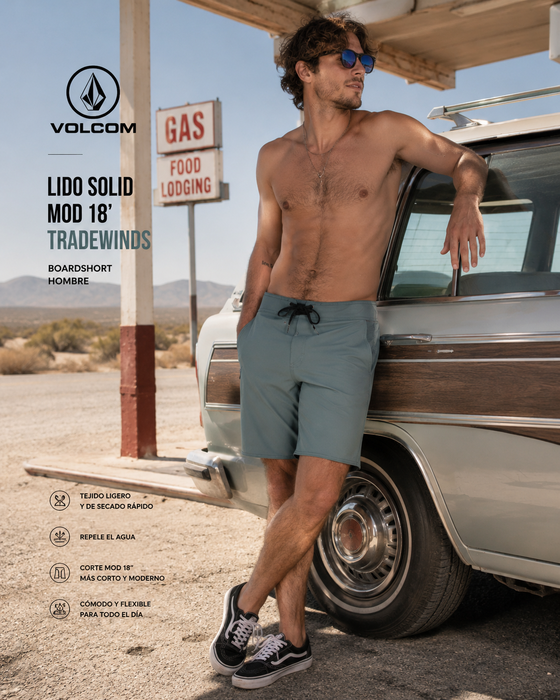 Bañador Volcom Lido Solid Mod 18 Tradewinds para hombre en escena roadtrip desierto Nevada lifestyle premium