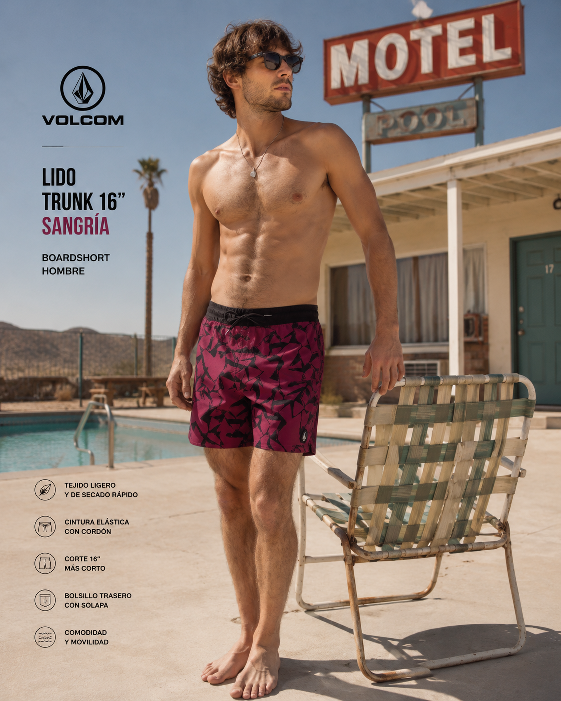 Bañador Volcom Lido Trunk 16 Sangría para hombre en escena motel retro desierto Nevada lifestyle premium