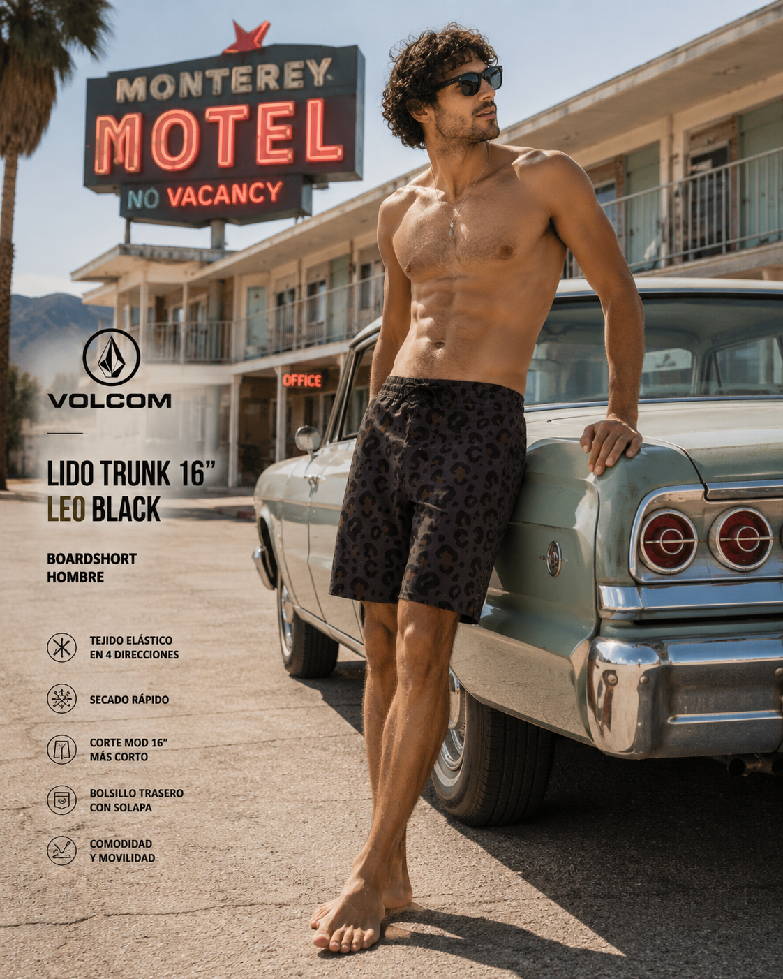 Bañador Volcom Melange Trunk 17 Asphalt Black para hombre en escena motel retro americano lifestyle premium