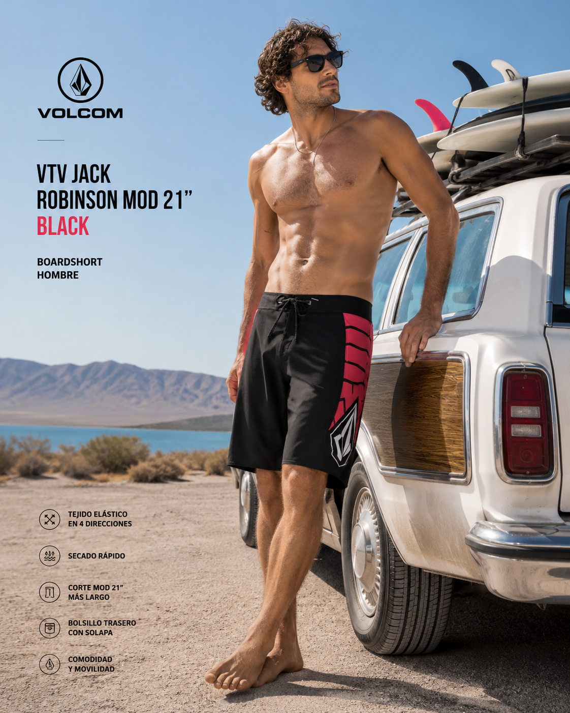 Bañador Volcom VTV Jack Robinson Mod 21 Black para hombre en escena surf roadtrip lago desierto Nevada lifestyle premium