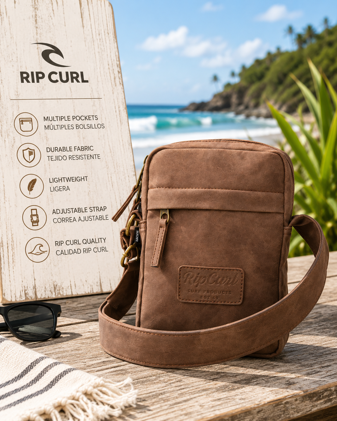 Bandolera Rip Curl Classic Lezard No Idea Brown en escenario surf lifestyle premium con estética coastal travel luminosa