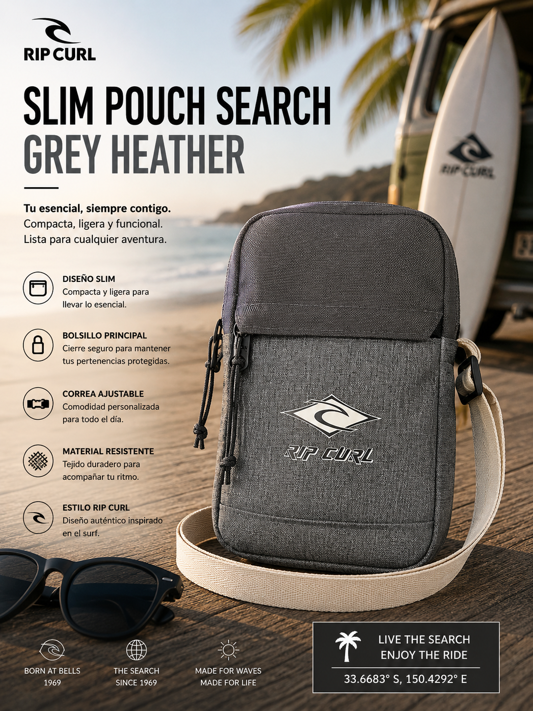 Bandolera Rip Curl Slim Pouch Search Grey Heather gris en escena editorial surf urban travel lifestyle