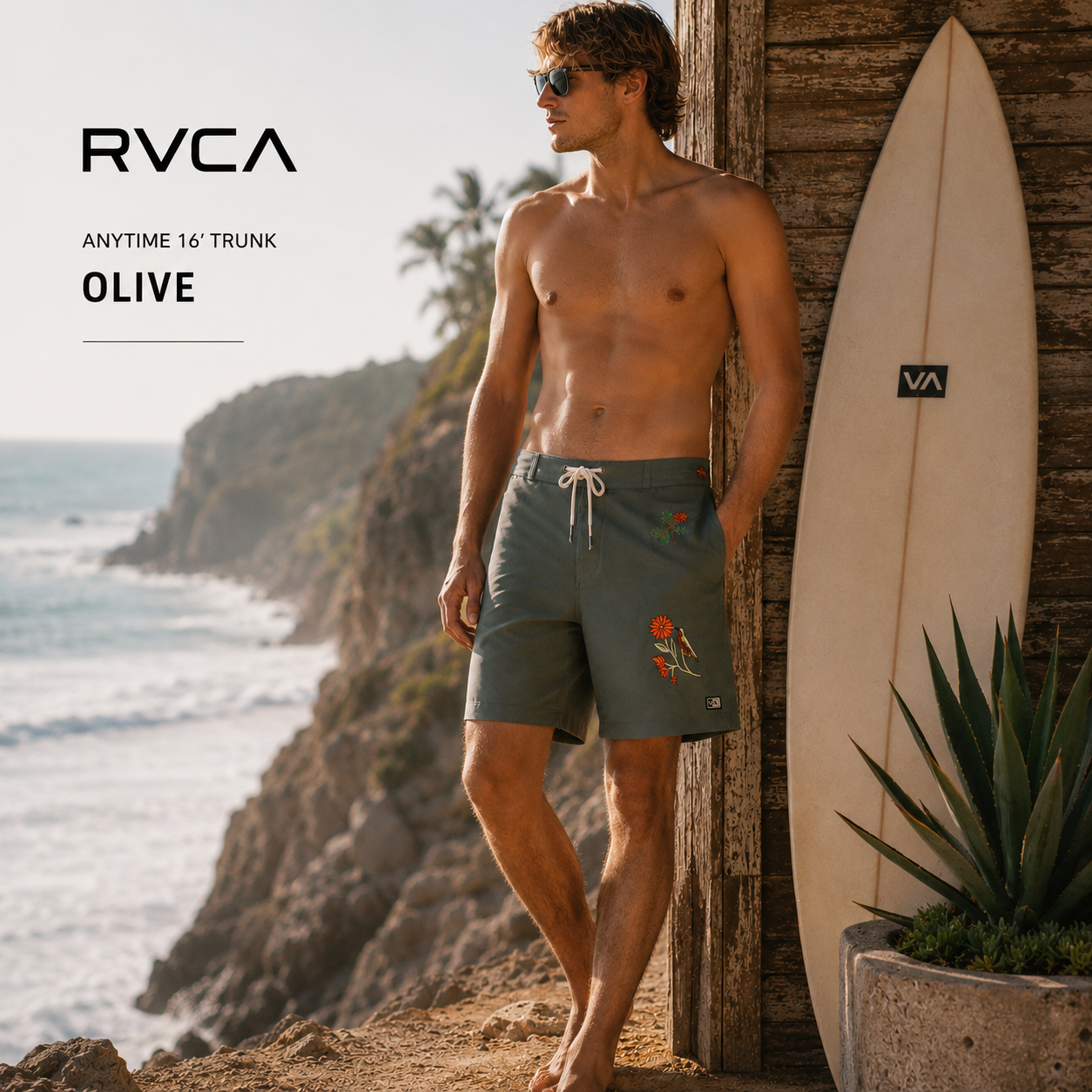 Bermuda RVCA Anytime 16 Trunk Olive para hombre con bordados florales y estilo surf premium