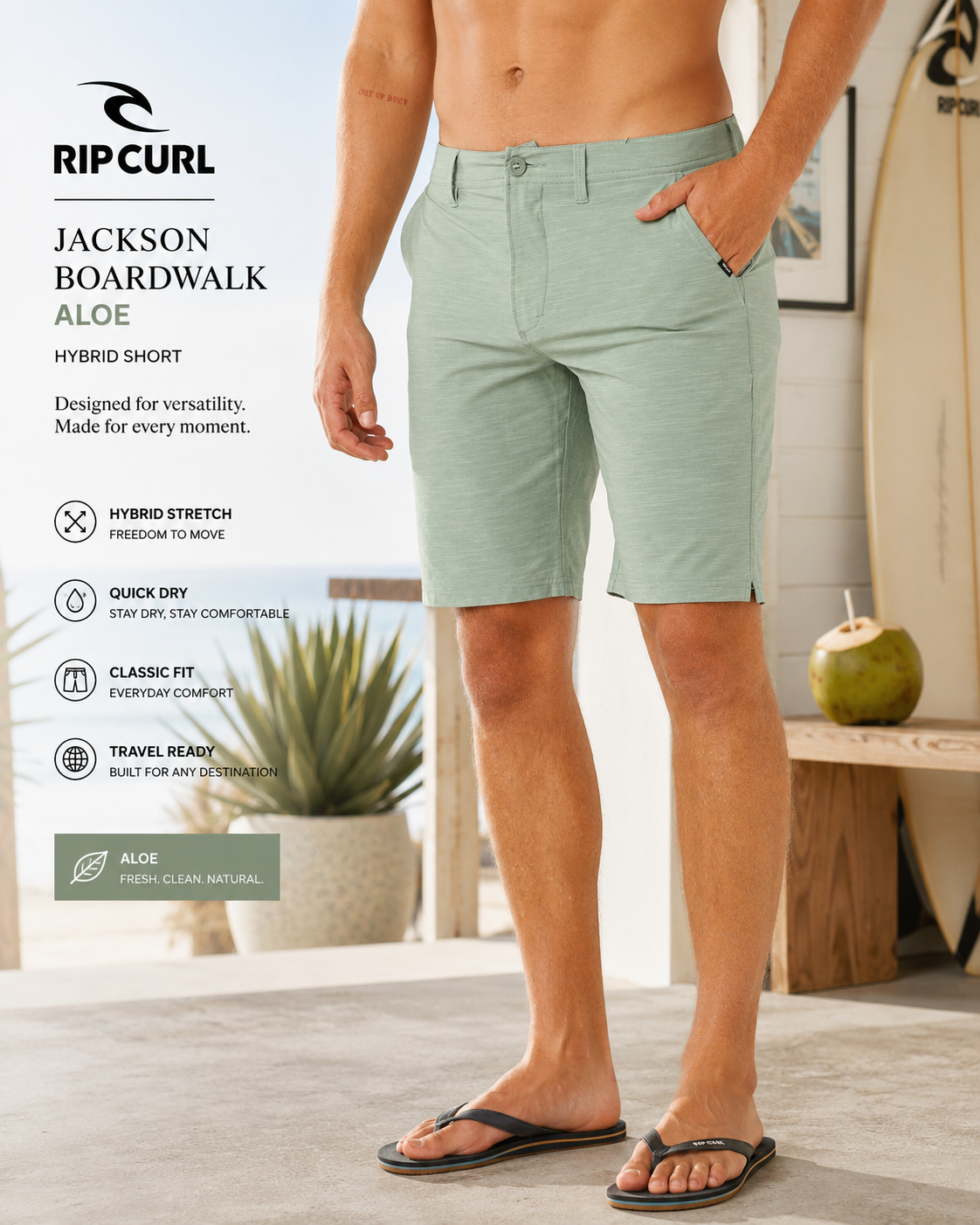 Bermudas Híbridas Rip Curl Jackson Boardwalk Aloe en escena surf house premium con luz natural brillante