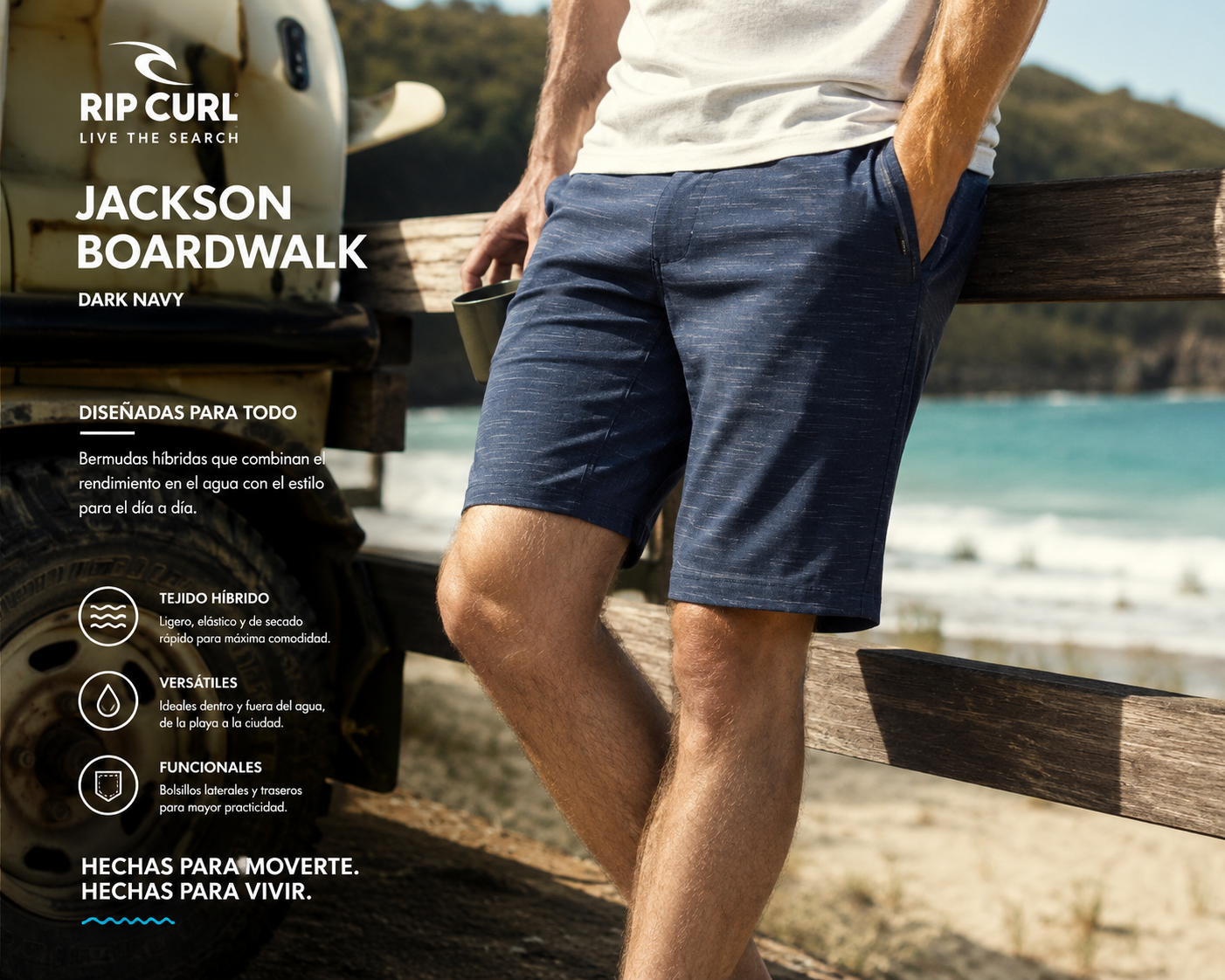 Bermudas híbridas Rip Curl Jackson Boardwalk Dark Navy hombre en escena surf cinema aesthetic con estilo coastal premium