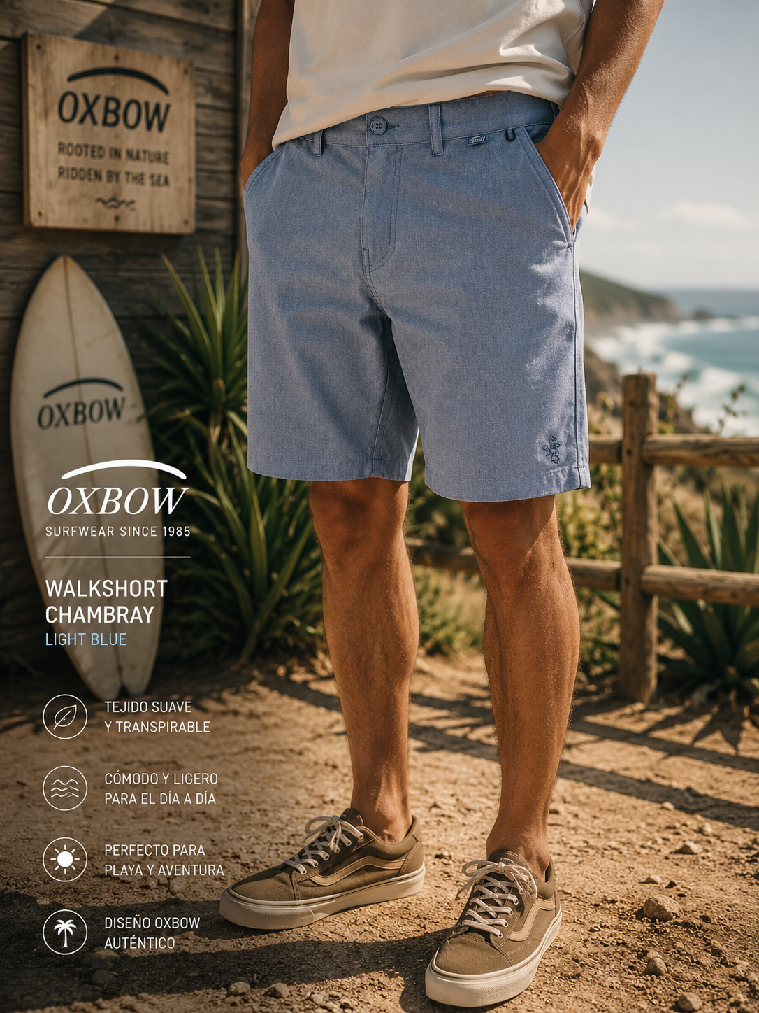 Bermudas Oxbow Resort Indigo azul hombre en escenario coastal premium con estética editorial surf cinematográfica