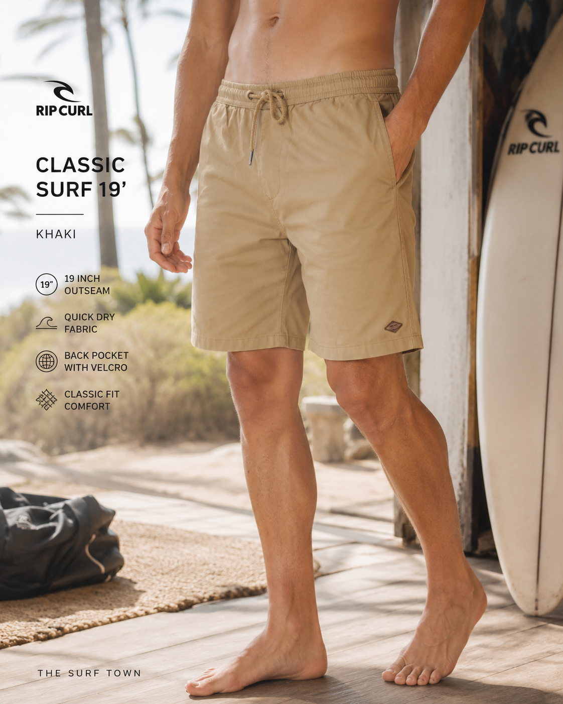Bermudas Rip Curl Classic Surf Khaki 19 para hombre en escena surf house premium lifestyle