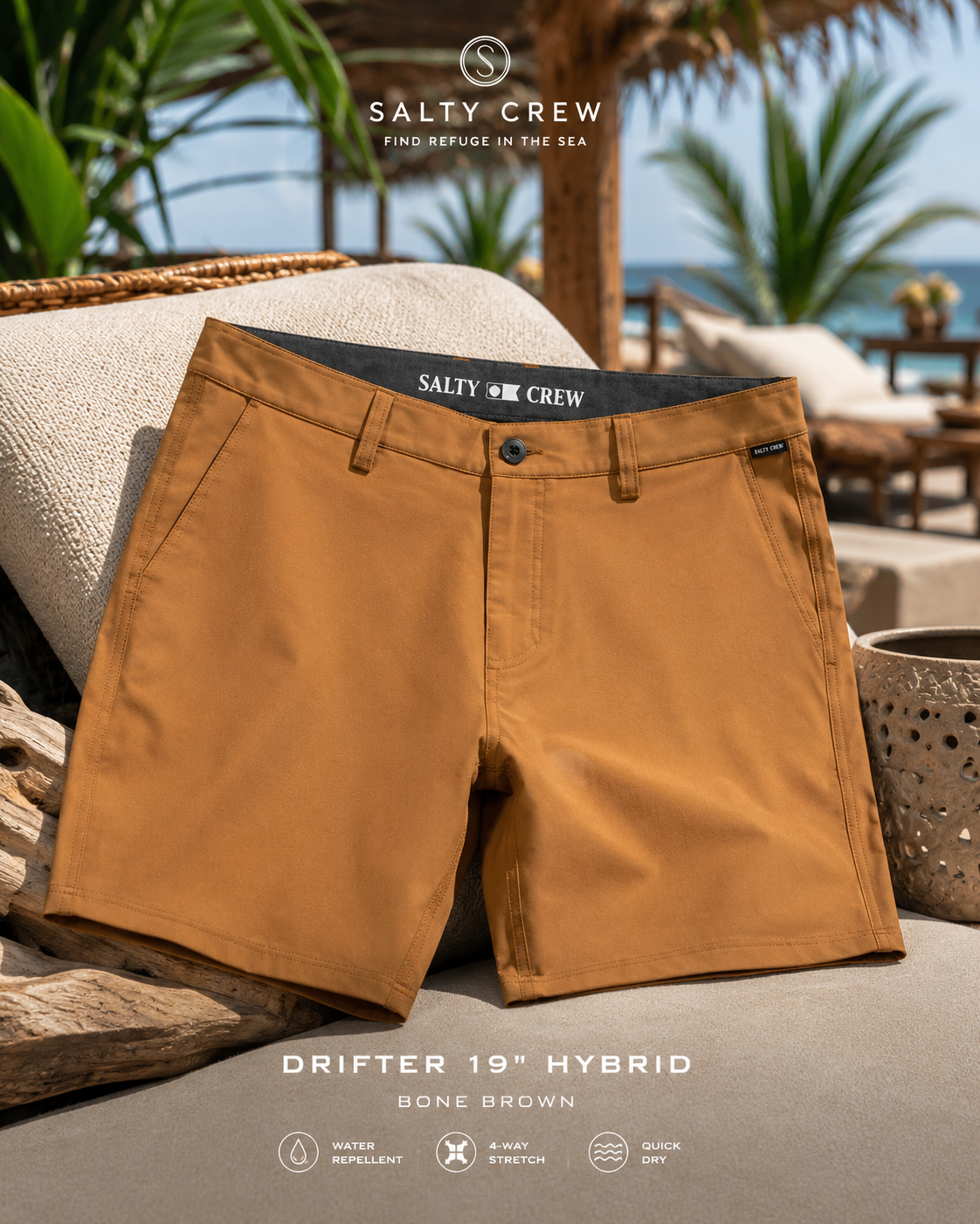 Bermudas Salty Crew Drifter 19 Hybrid Bone Brown en beach club tropical de Bali, fotografía editorial propia de THE SURF TOWN con estilo surf premium y tejido híbrido para verano

SEO Merchant