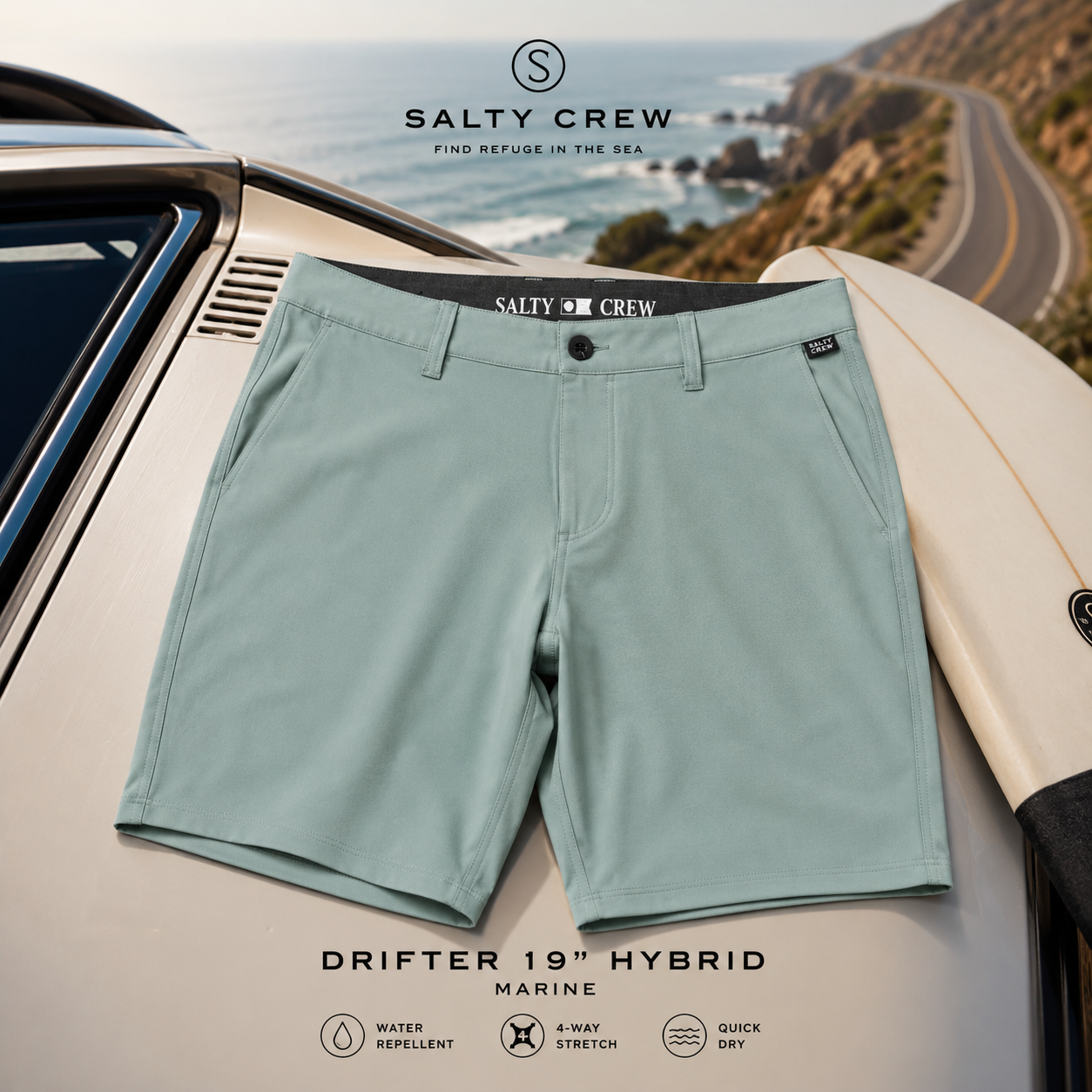 Bermudas Salty Crew Drifter 19 Hybrid Marine sobre carretera costera de California, fotografía editorial propia de THE SURF TOWN con estilo surf roadtrip premium y tejido híbrido de secado rápido