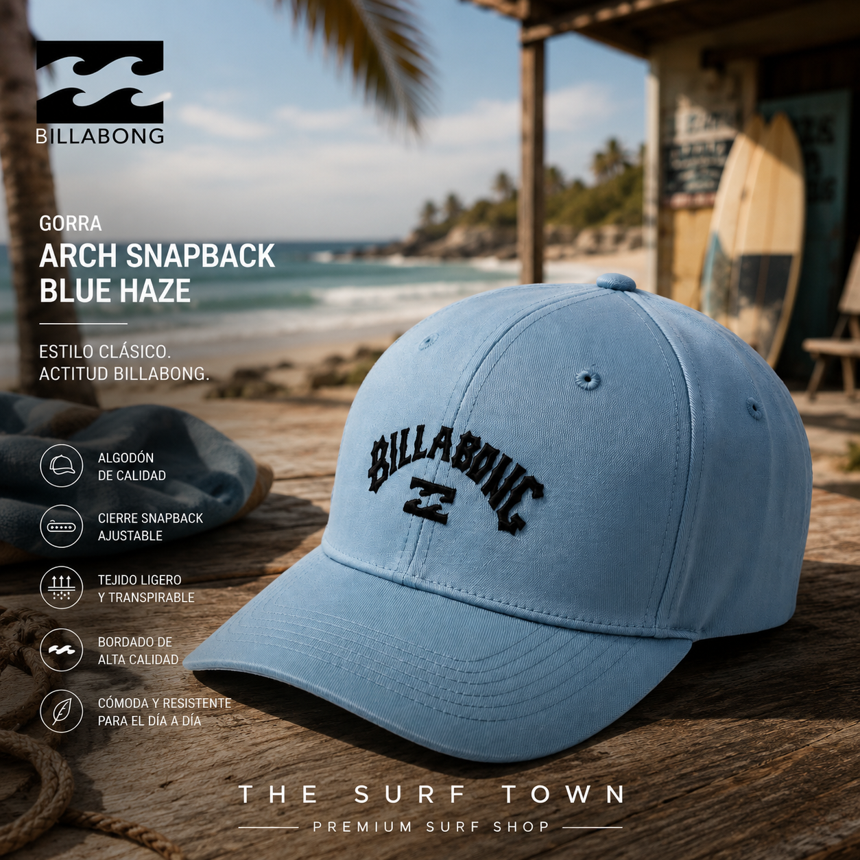Gorra Billabong Arch Snapback Blue Haze en fotografía editorial propia de THE SURF TOWN PREMIUM SURF SHOP con escenario surf lifestyle frente al mar.