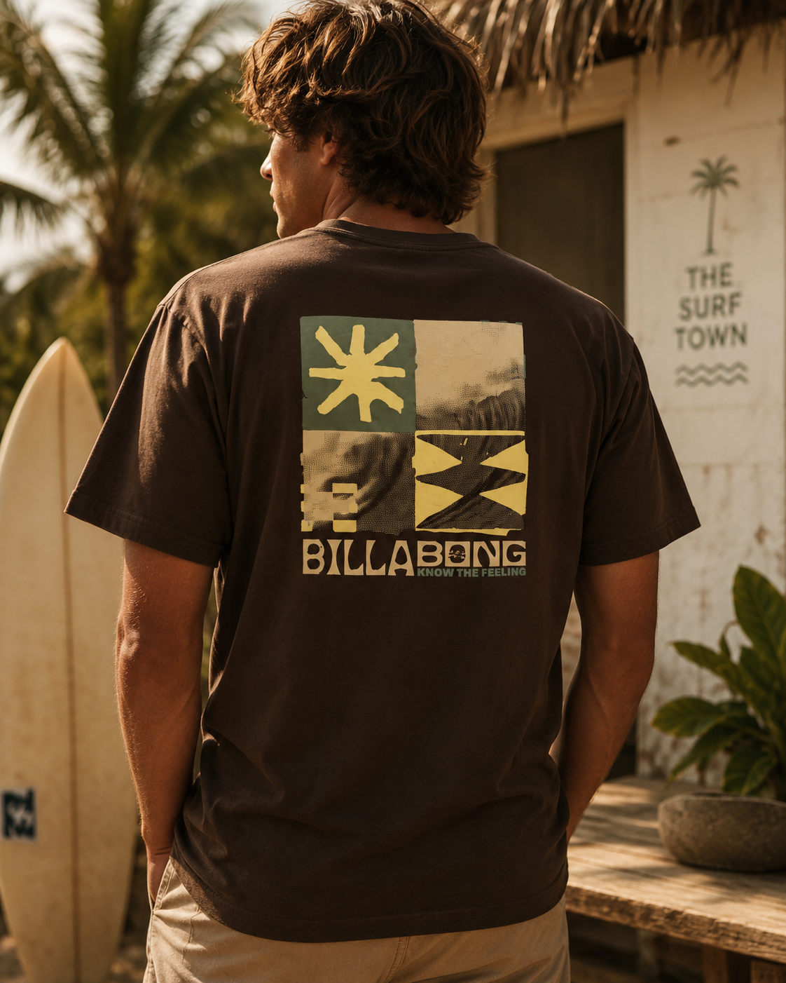 Camiseta Billabong hombre marrón lifestyle surf premium en beach shack tropical con ambiente Costa del Sol
