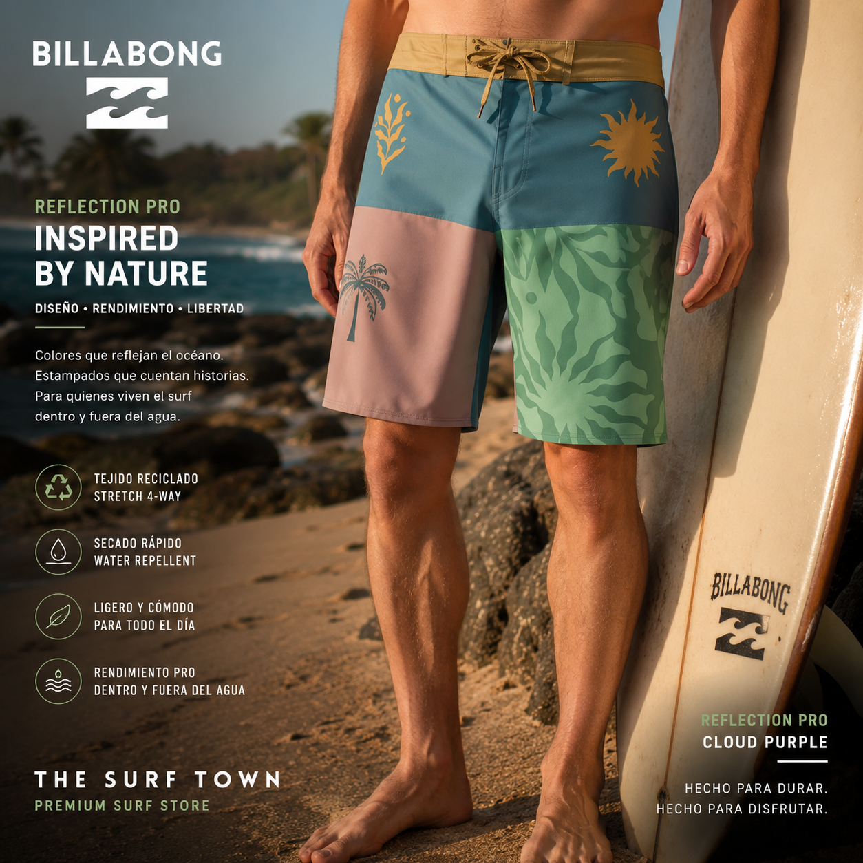 Bañador Billabong Reflection PRO Cloud Purple para hombre en fotografía editorial propia de THE SURF TOWN con estilo surf lifestyle premium junto al mar.