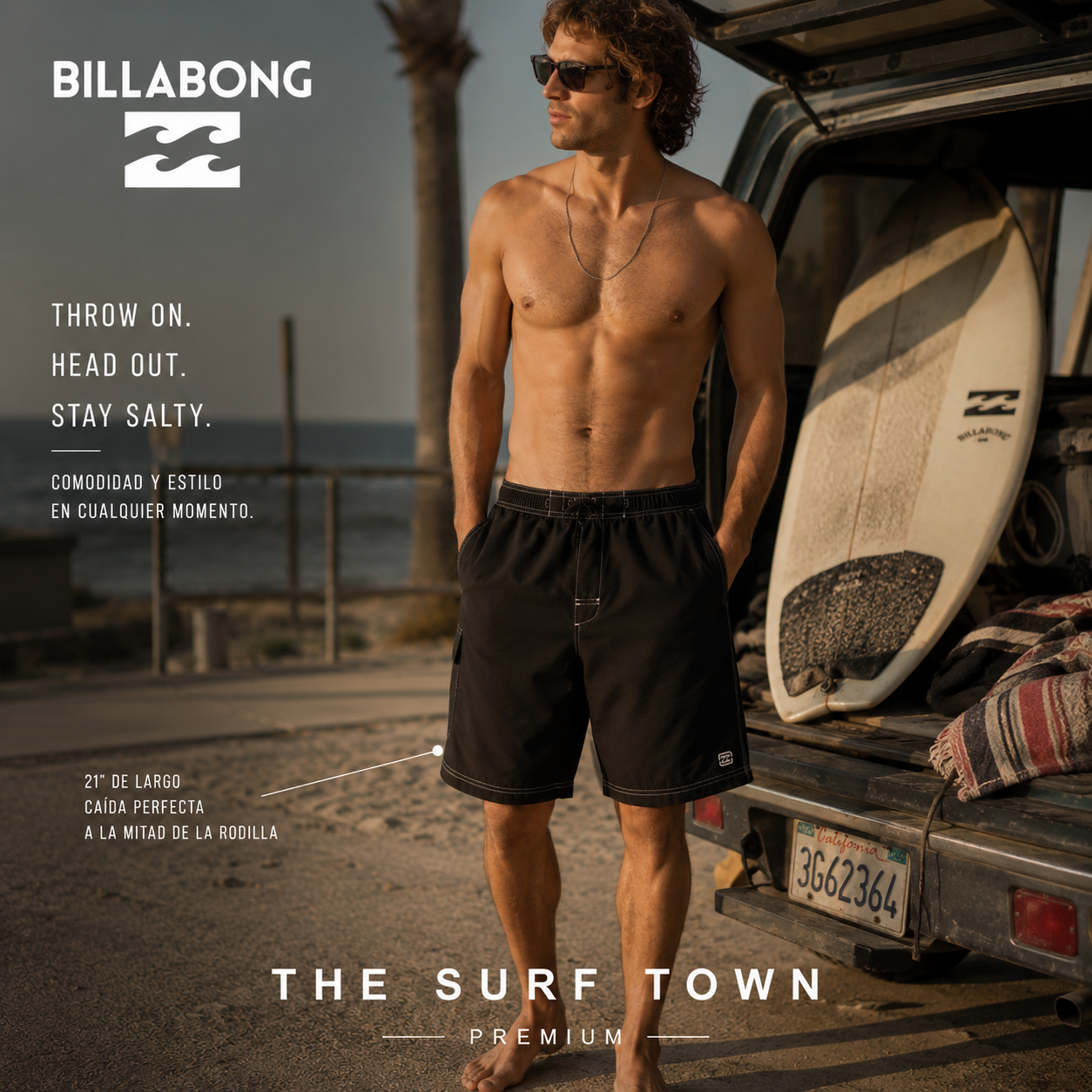 Bañador Billabong Throw On LB Black de 21 pulgadas para hombre en fotografía editorial propia de THE SURF TOWN junto al mar con estilo surf lifestyle premium.
