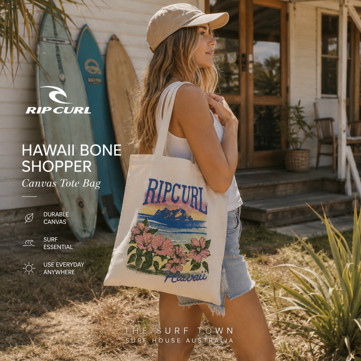 Fotografía propia de THE SURF TOWN de la bolsa de tela Rip Curl Hawaii Bone Shopper en una surf house australiana con tablas de surf, jardín costero y ambiente surf lifestyle premium.