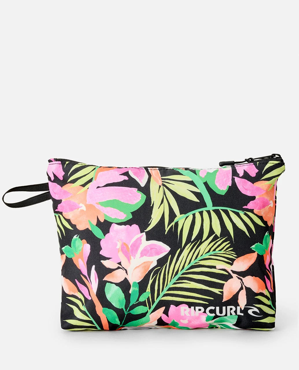 Bolso Rip Curl Surf Series Black con estampado tropical multicolor sobre fondo negro ideal para playa, viajes y accesorios de verano