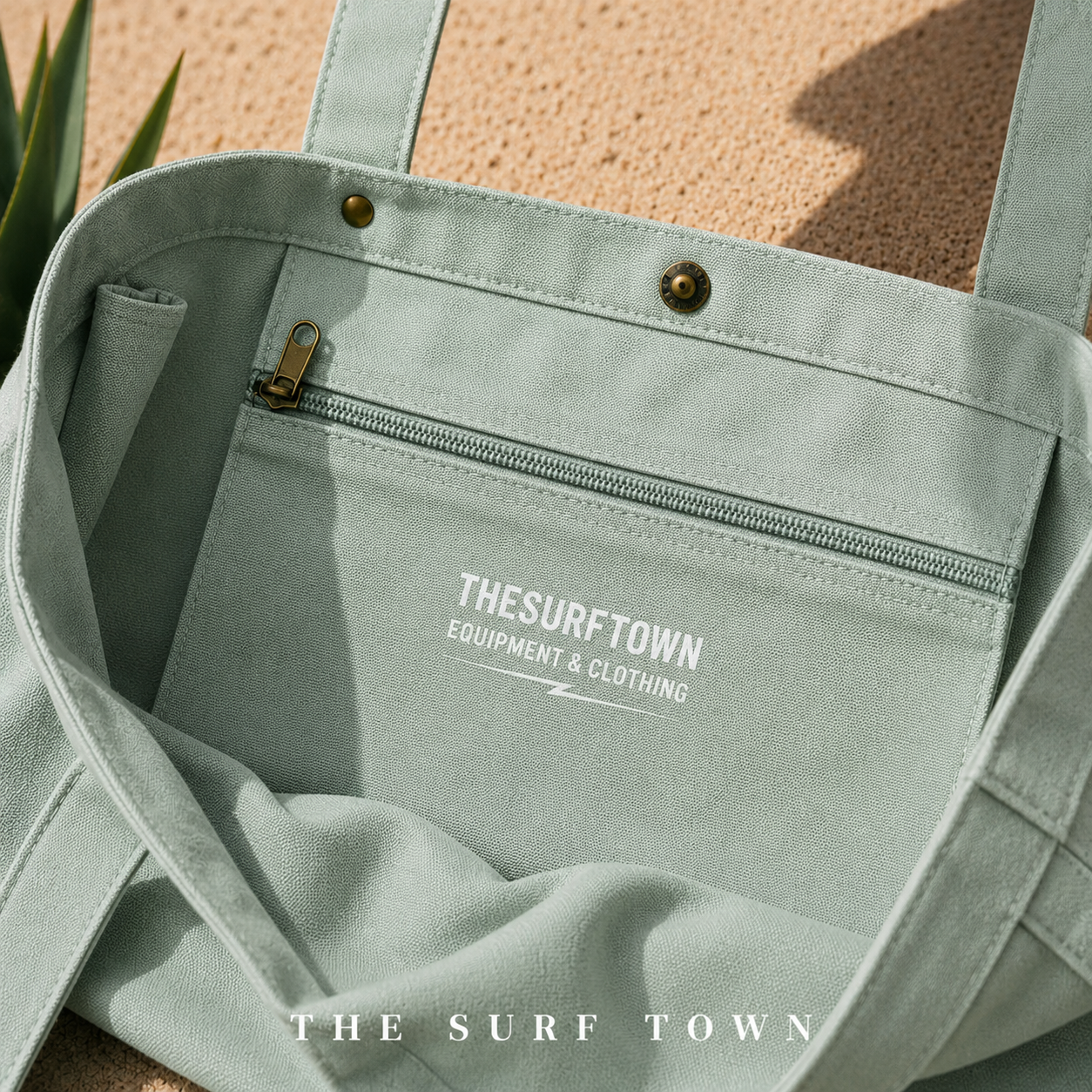 Detalle del bolsillo interior con cremallera del Bolso de Playa The Surf Town Tote Beach Bag Mint de algodón verde menta con gran capacidad y diseño exclusivo para playa y verano