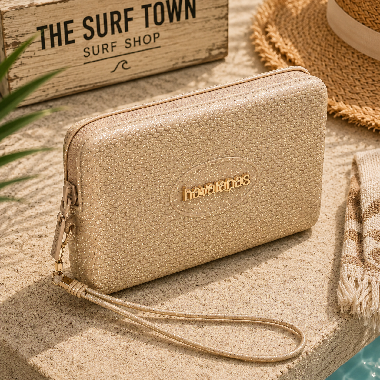Bolsito Havaianas Mini Bag Plus Glitter gold en escenario beach lifestyle mediterráneo premium