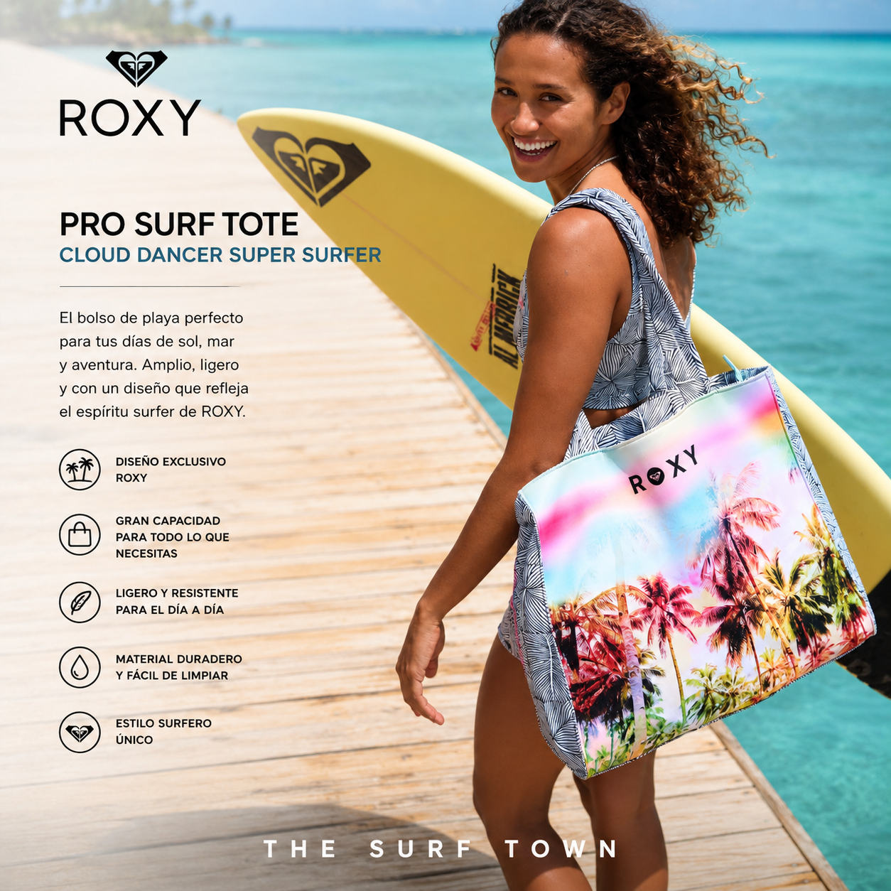 Bolso de Playa Roxy Pro Surf Tote Cloud Dancer Super Surfer en fotografía editorial propia de THE SURF TOWN con estilo beach lifestyle tropical y luz solar intensa
