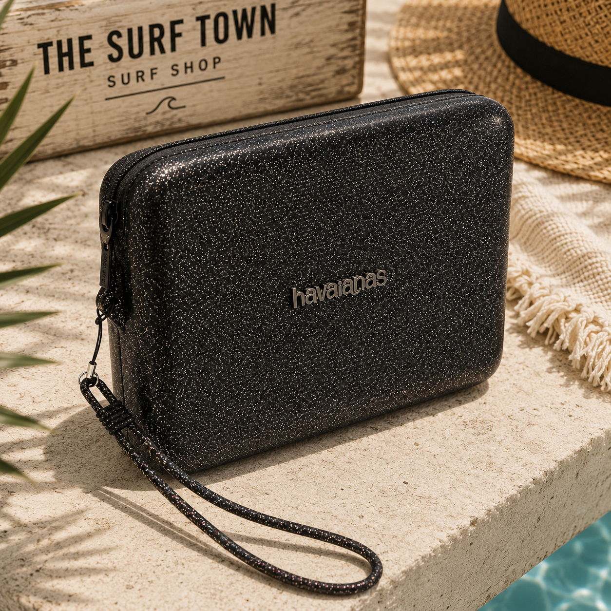 Bolso Havaianas Beach Necessaire Glitter negro en escenario beach lifestyle premium junto a piscina mediterránea
