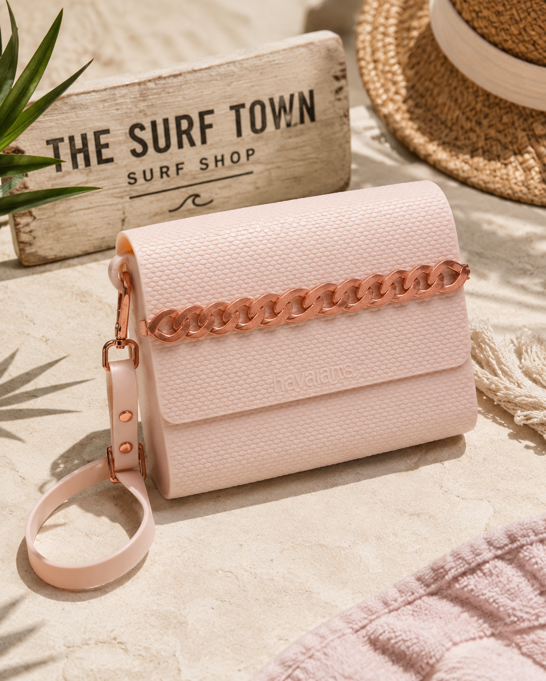 Bolso Havaianas Casual Bag II beige en escenario beach club mediterráneo premium