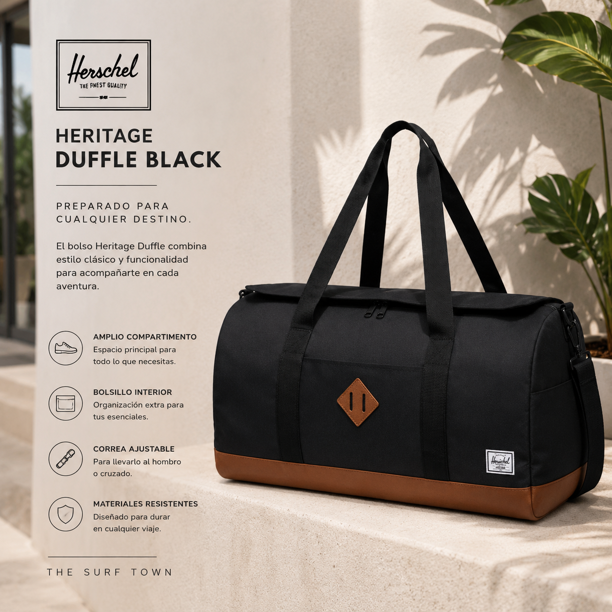 Bolso Herschel Heritage Duffle Black 37L en fotografía editorial propia de THE SURF TOWN con estilo travel lifestyle premium y ambiente hotel boutique contemporáneo