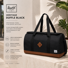 Bolso Herschel Heritage Duffle Black 37L en fotografía editorial propia de THE SURF TOWN con estilo travel lifestyle premium y ambiente hotel boutique contemporáneo