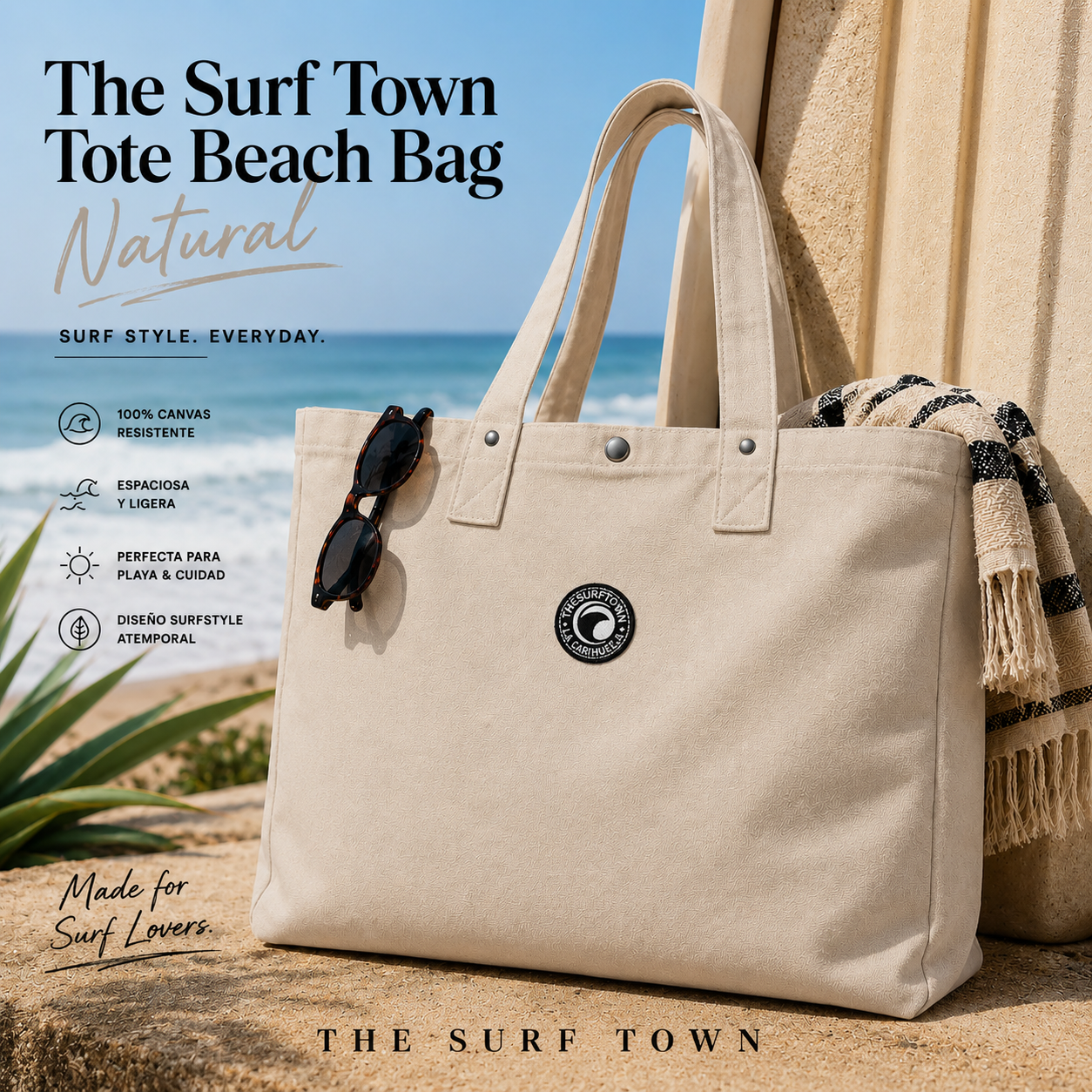 Bolso de Playa The Surf Town Tote Beach Bag Natural de algodón color natural con gran capacidad y diseño exclusivo para playa y verano