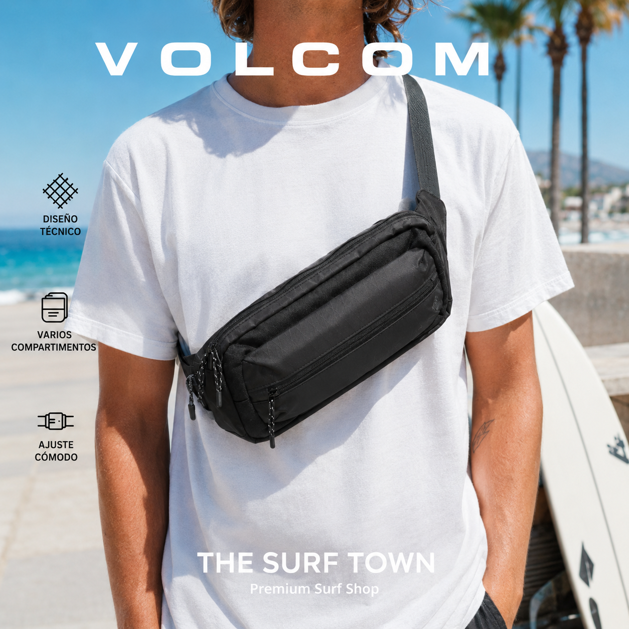 Bolso Riñonera Volcom Venture Black llevado cruzado junto a la playa, imagen editorial propia de THE SURF TOWN