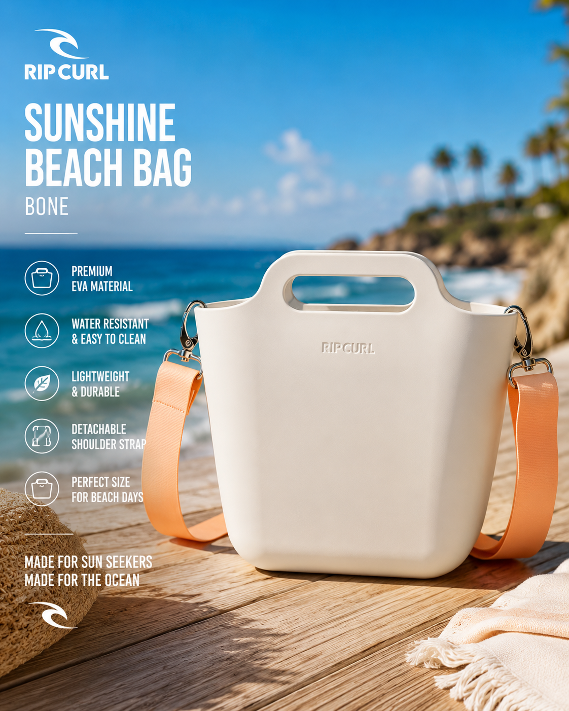 Bolso Rip Curl Beach Bloom Crossbody Bucket Bone en playa luminosa con estética coastal lifestyle premium