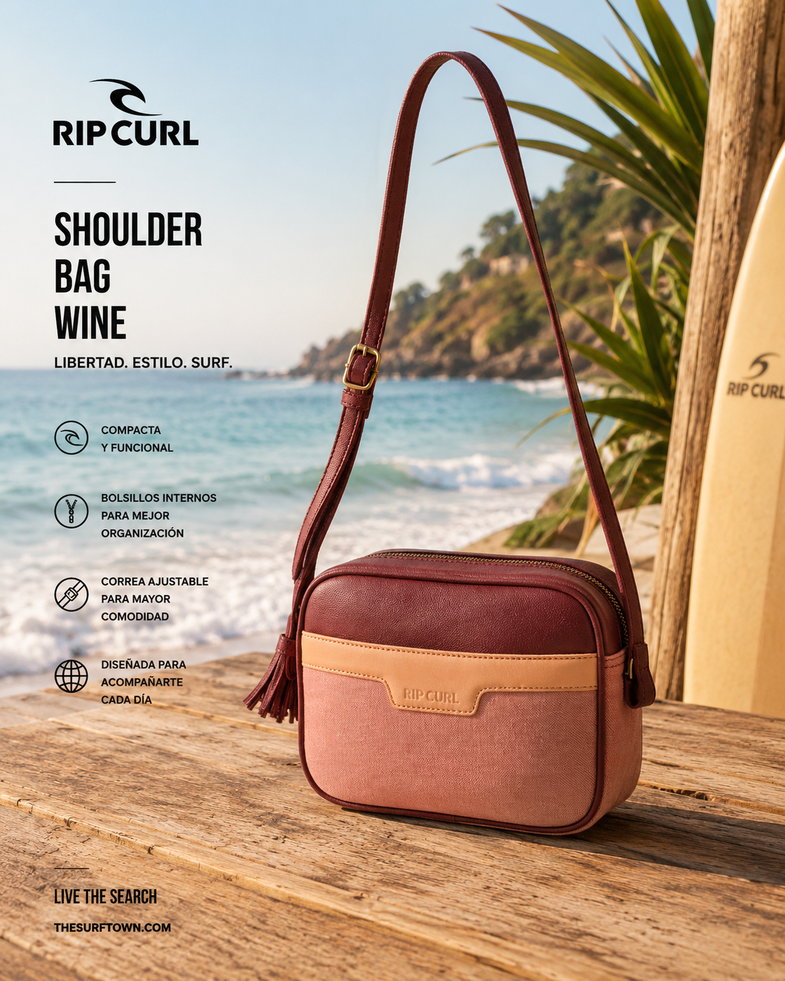 Bolso Rip Curl Boho 2.5L coral bandolera con estilo surfwear femenino y beach lifestyle premium