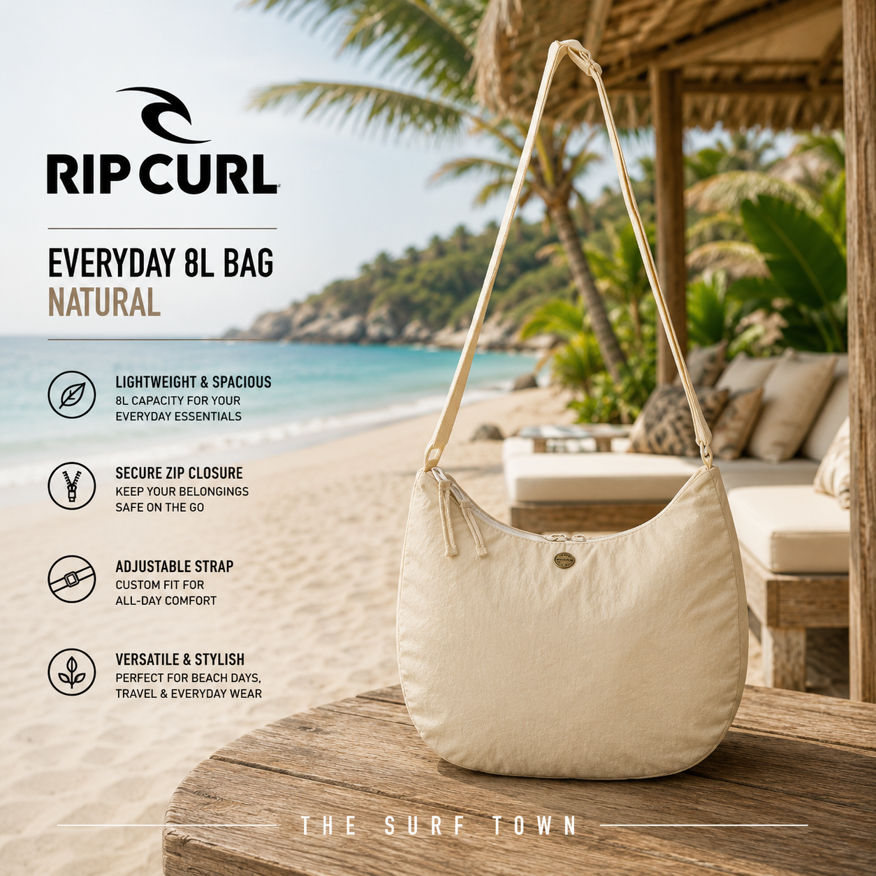 Bolso Rip Curl Everyday 8L Natural en fotografía editorial propia de THE SURF TOWN en beach club tropical premium con diseño ligero, gran capacidad y estilo surf femenino para playa, viajes y uso diario.