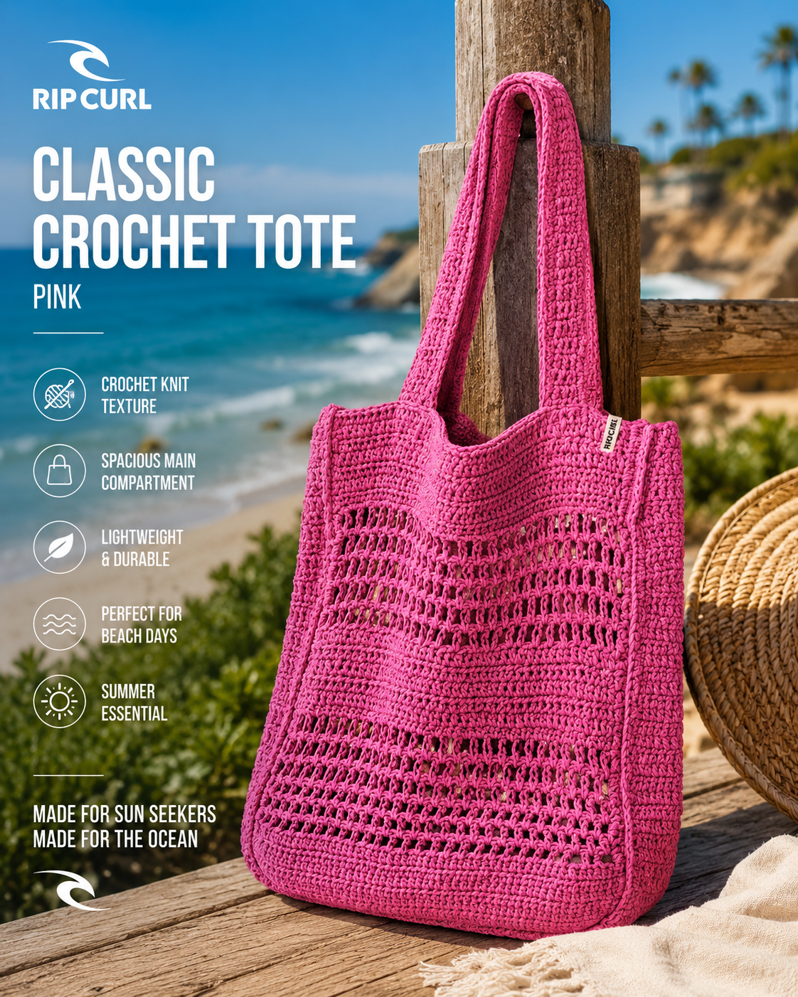 Bolso Rip Curl Holiday Crochet 8L Hot Pink en playa luminosa con estética coastal lifestyle femenina premium