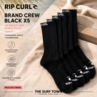 Pack de 5 pares de calcetines Rip Curl Brand Crew Black negros de caña media con logotipo blanco